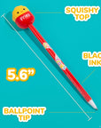 Squishmallows Floyd French Fry pen infographic showing 5.6" length, squishy topper, black ink, and ballpoint tip on teal background