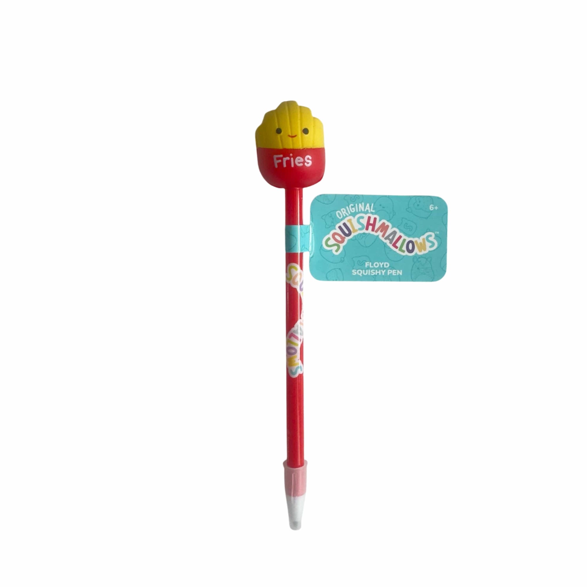 Squishmallows Floyd the French Fry squishy topper pen with red barrel and Squishmallows logo; novelty ballpoint party favour for kids