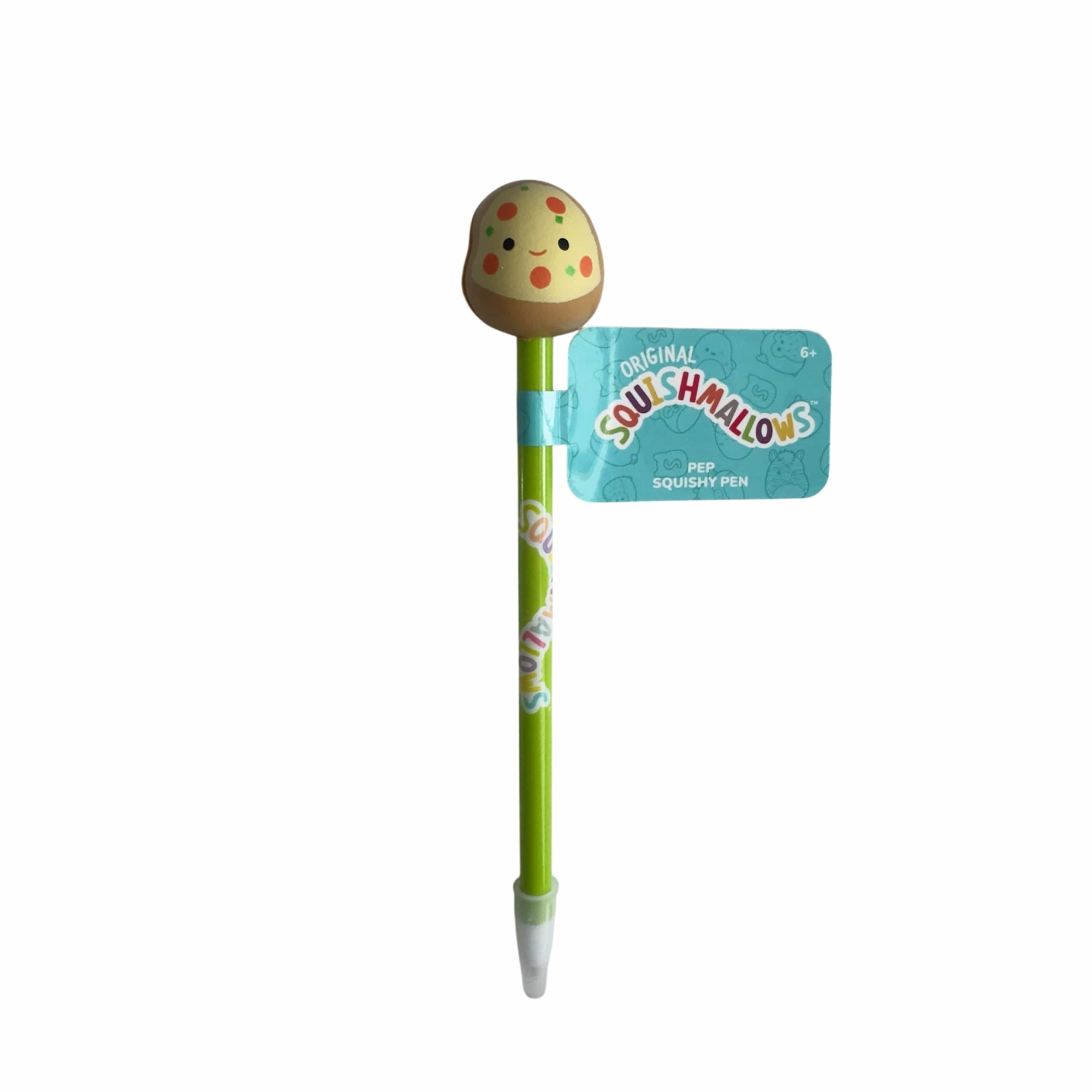Squishmallows Pep the Pizza squishy topper pen with green barrel; cute novelty ballpoint pen gift for kids' party favours, school, and Easter