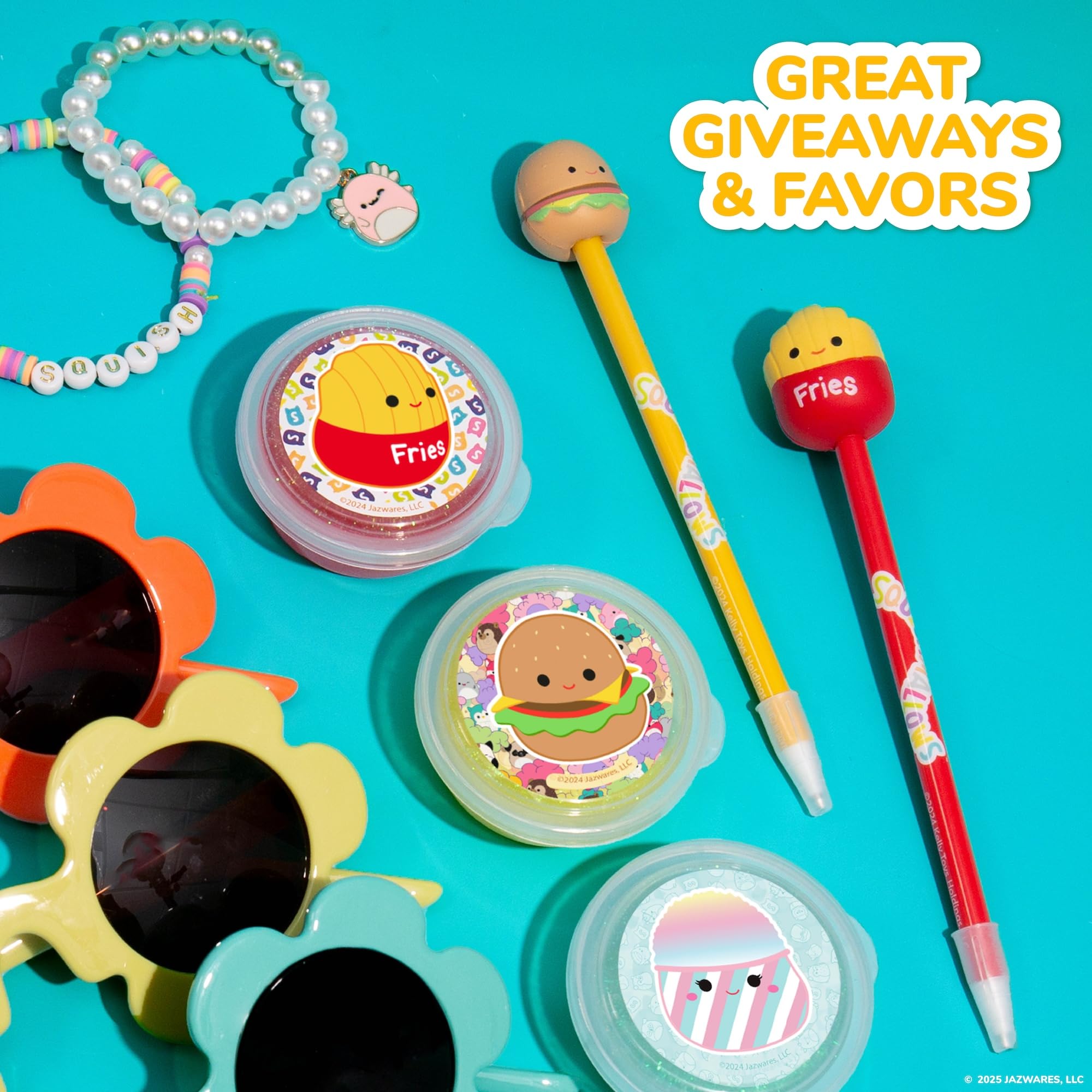 Squishmallows Floyd and Carl squishy pens with party favour accessories; great kids' birthday giveaway, Easter basket, or goody bag idea