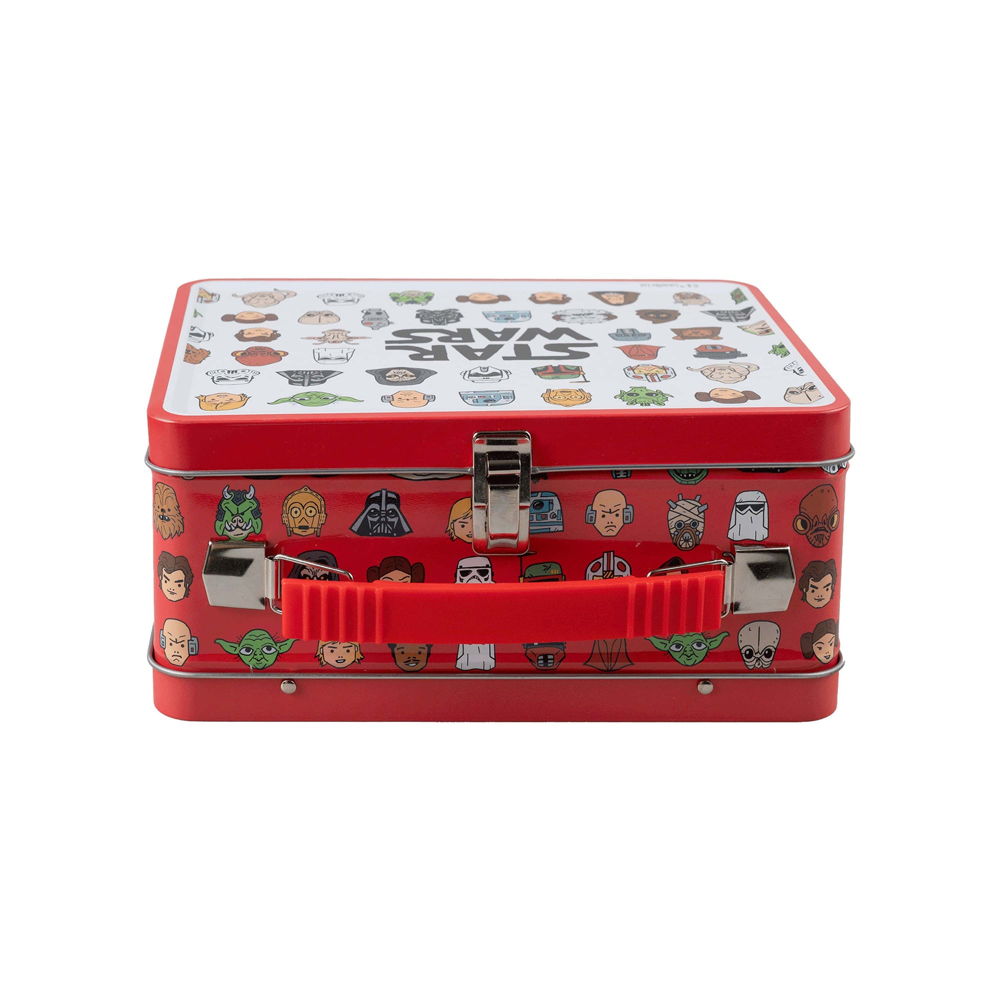 Star Wars retro metal lunch box top view showing character icon lid and red sides with Darth Vader, Yoda, and droids; kids' party favour tin