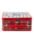 Star Wars retro metal lunch box top view showing character icon lid and red sides with Darth Vader, Yoda, and droids; kids' party favour tin