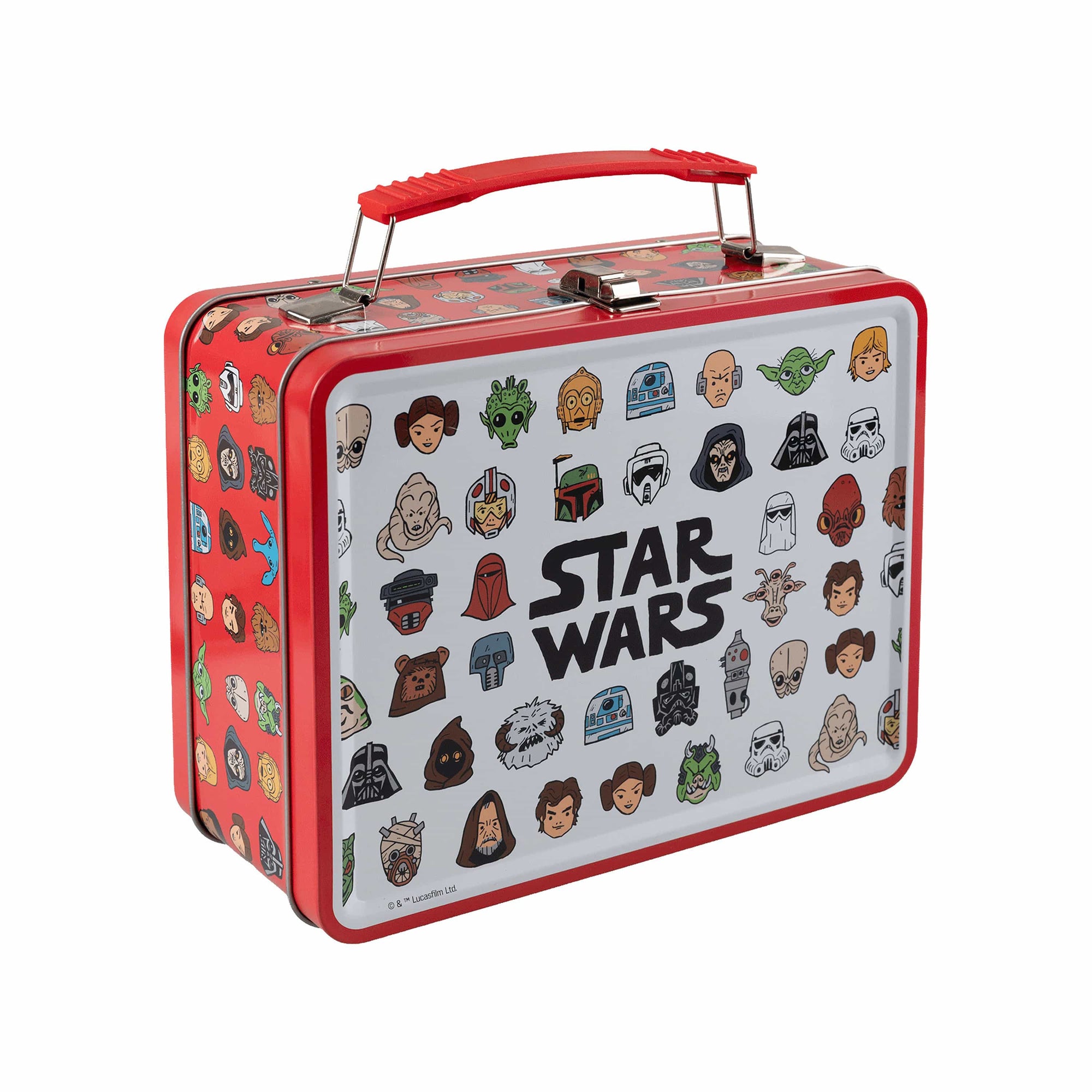 Star Wars retro metal tin lunch box with character icon front panel, red sides, latch, and handle; officially licensed kids' favour box