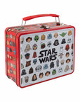 Star Wars retro metal tin lunch box with character icon front panel, red sides, latch, and handle; officially licensed kids' favour box