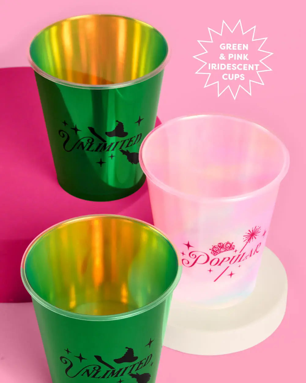 Wicked green and pink iridescent party cups overhead angle showing Unlimited witch and Popular crown designs