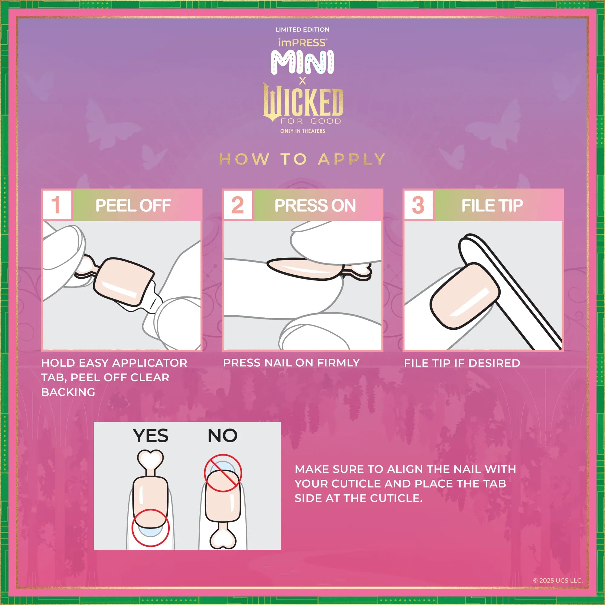 How to apply Wicked kids no-glue press-on nails: peel off backing, press nail on firmly, file tip if desired