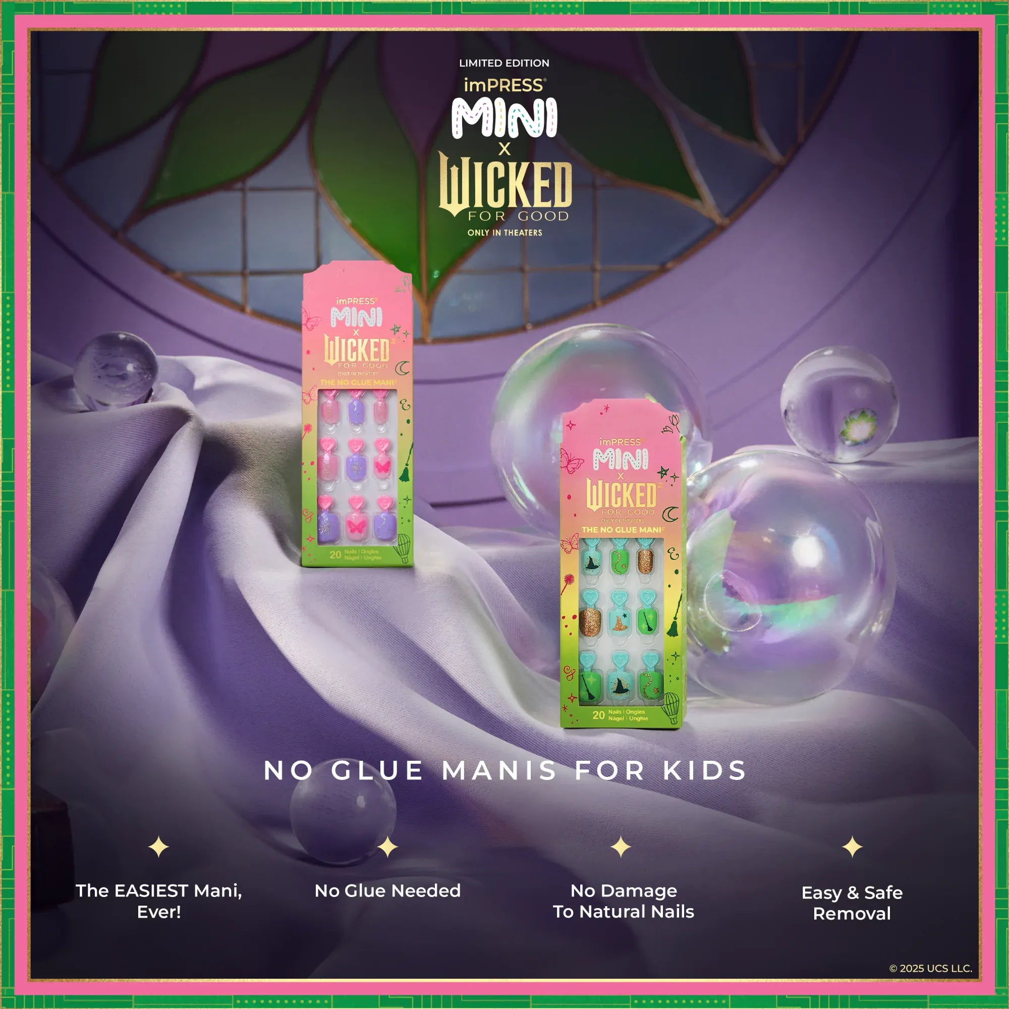 Two imPRESS Mini x Wicked For Good kids no-glue press-on nail kits styled on lavender satin with iridescent bubbles
