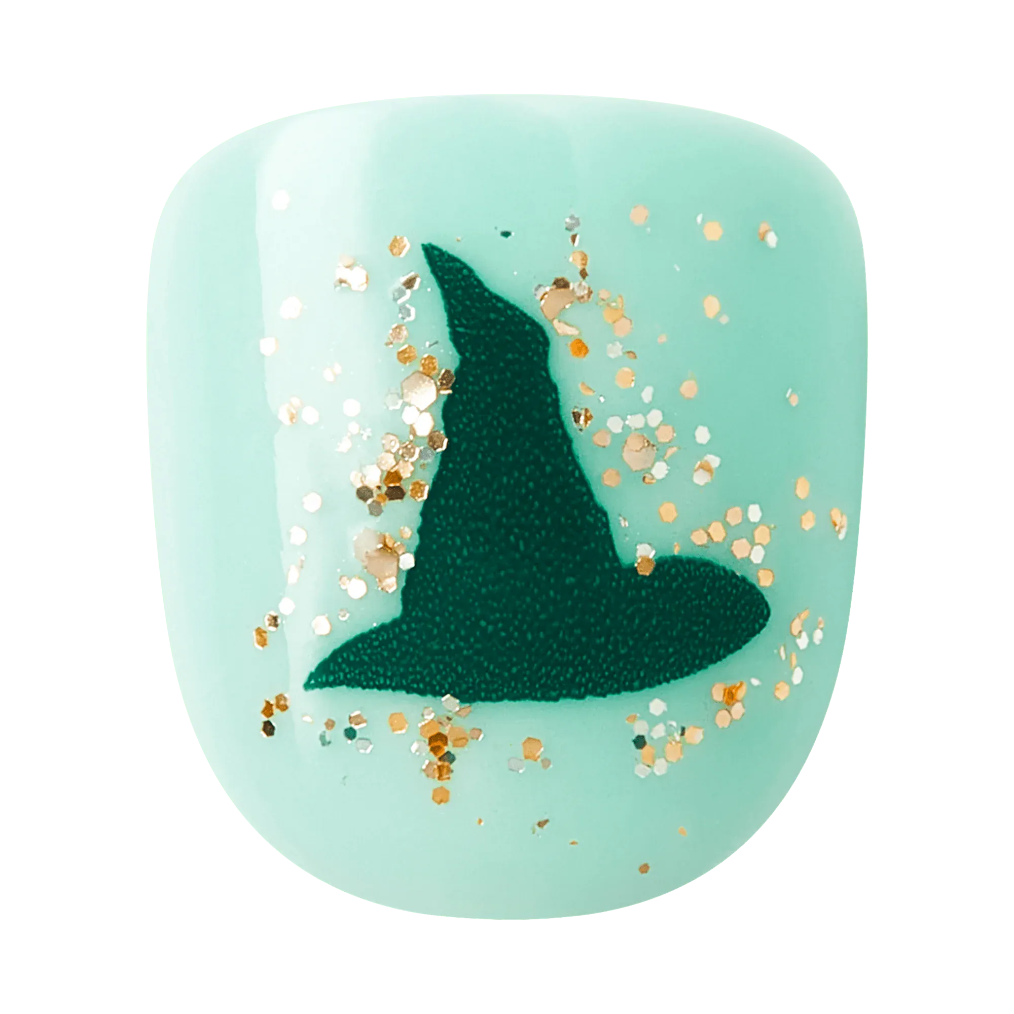 Close-up of mint blue kids press-on nail with deep green witch hat and gold glitter from the Wicked Perfect Duet nail kit