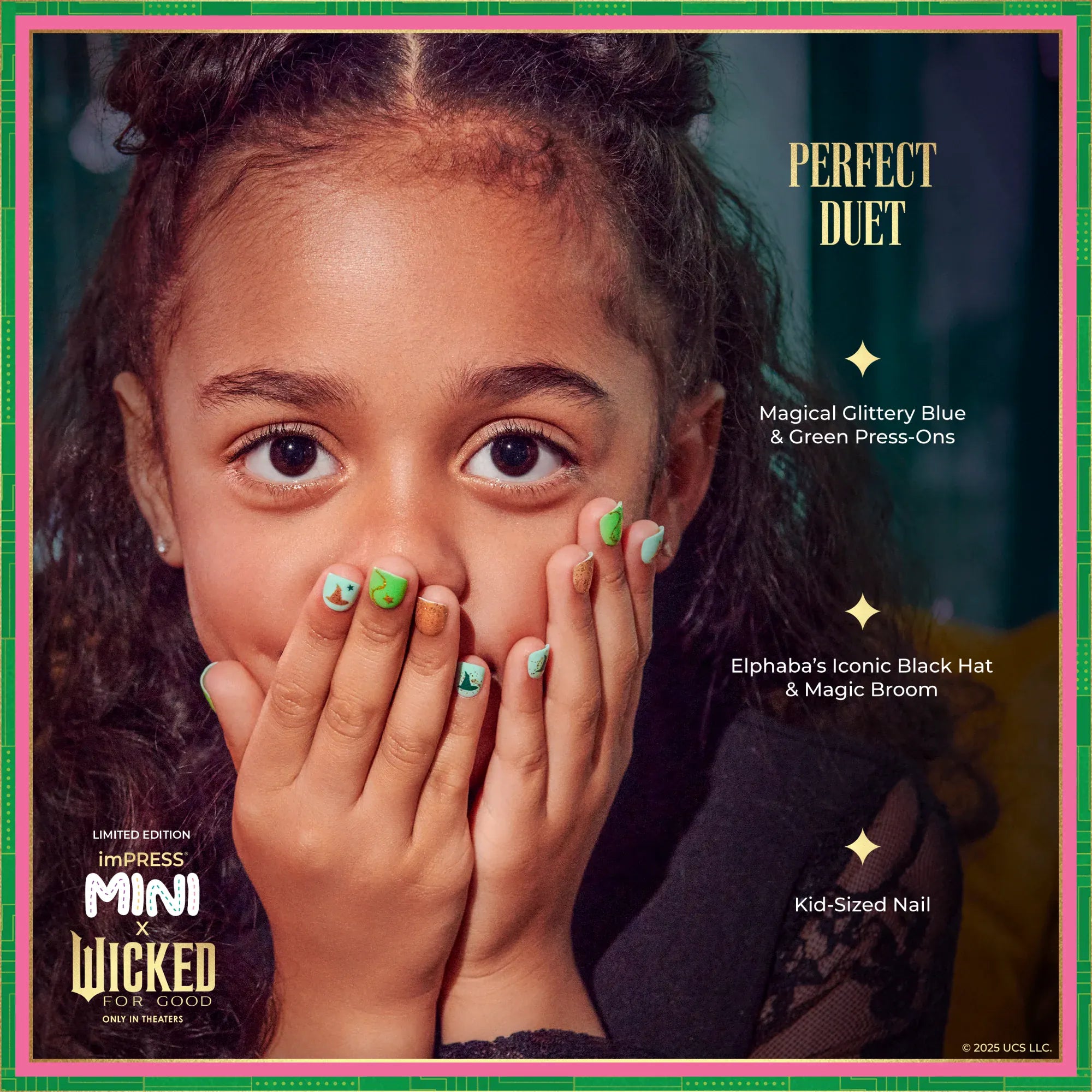 Child wearing Wicked kids press-on nails in green and gold with witch hat designs and Perfect Duet feature callouts
