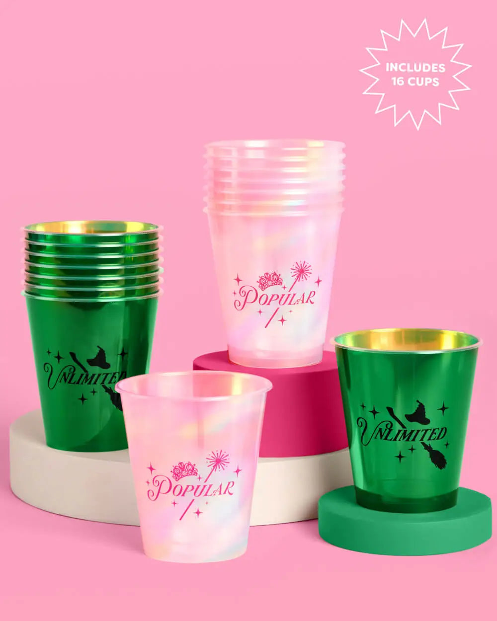 Wicked party cups 16 pack with pink iridescent Popular and green metallic Unlimited cups with crown and witch hat designs