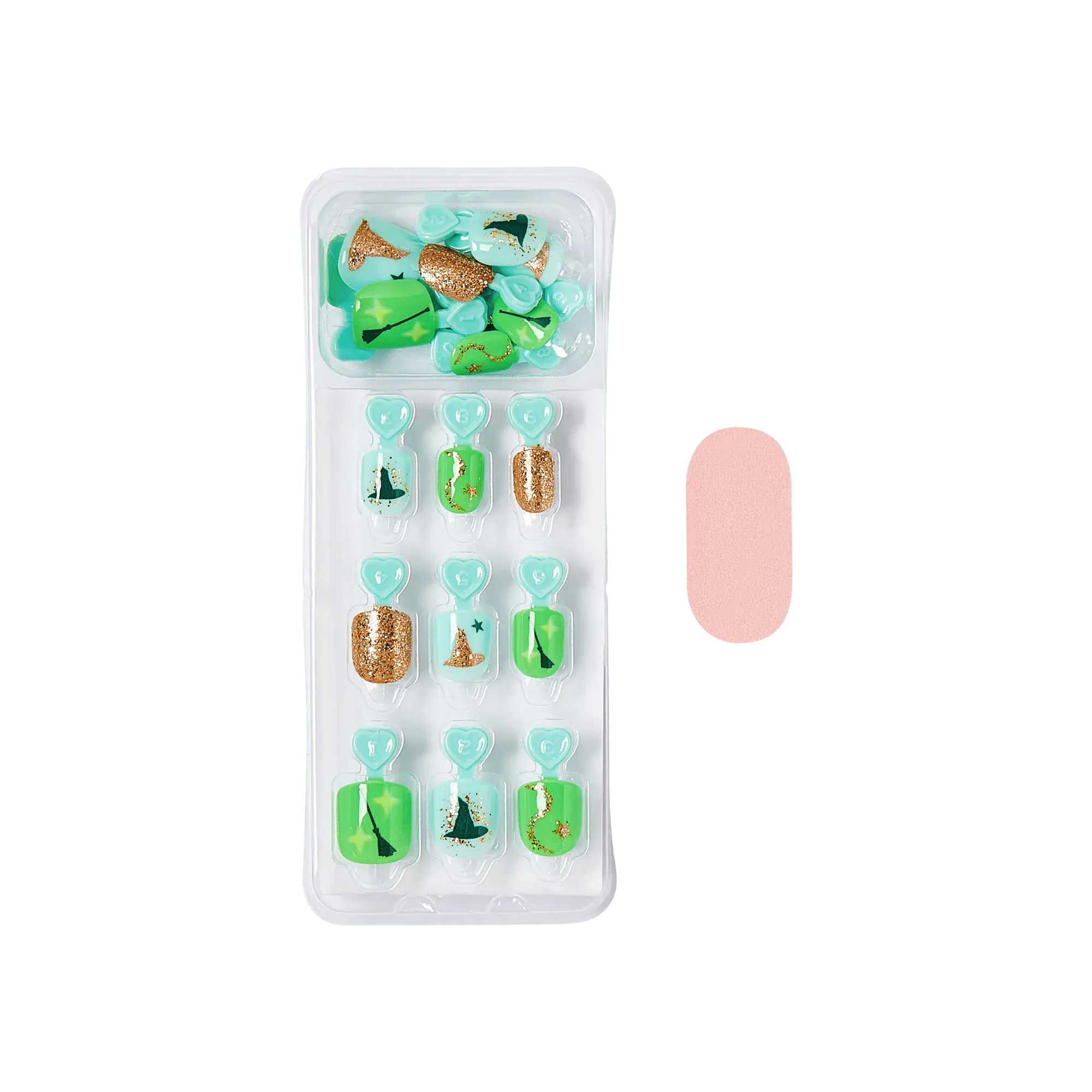 Wicked Perfect Duet nail kit contents with 20 kid-sized press-on nails in a tray and pink mini nail file