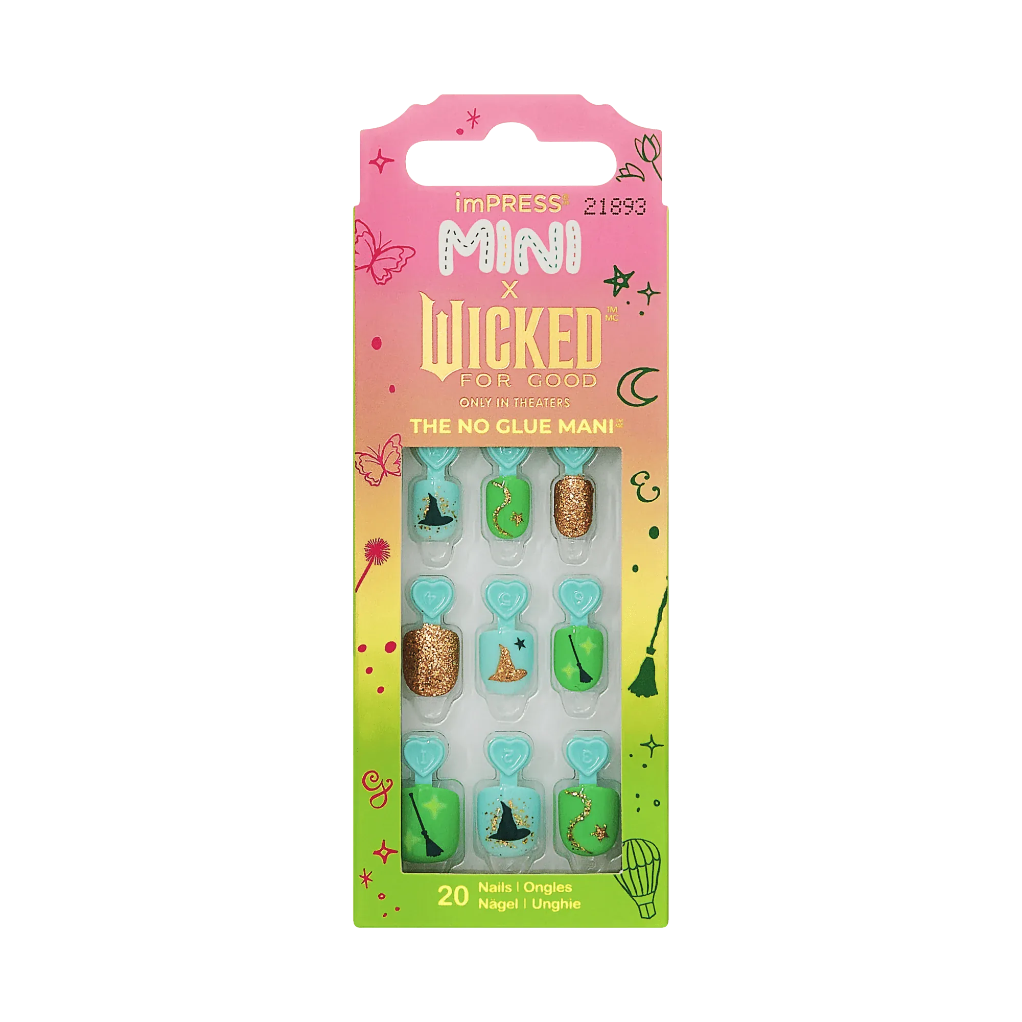Wicked Perfect Duet kids press-on nail kit front packaging showing 20 green, blue, and gold witch-themed mini nails