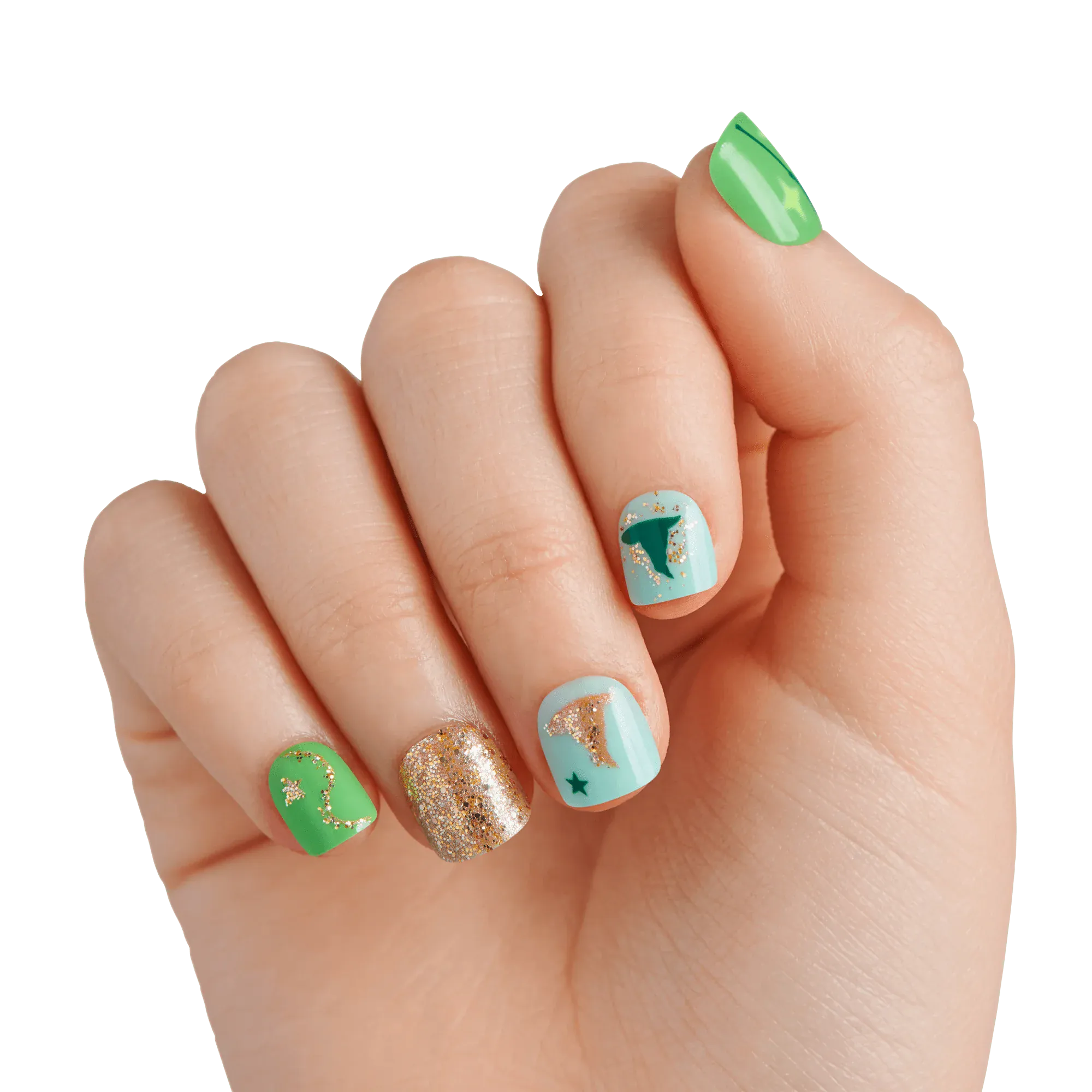 Hand wearing Wicked Perfect Duet press-on nails in green, mint blue, and gold glitter with witch hat and moon designs