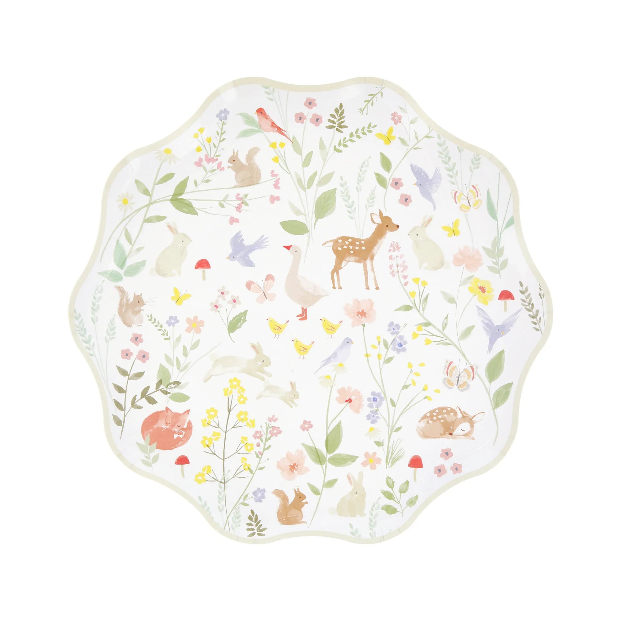 Cream woodland animal cake plate with watercolour fawn, goose, fox and flower meadow print by Meri Meri