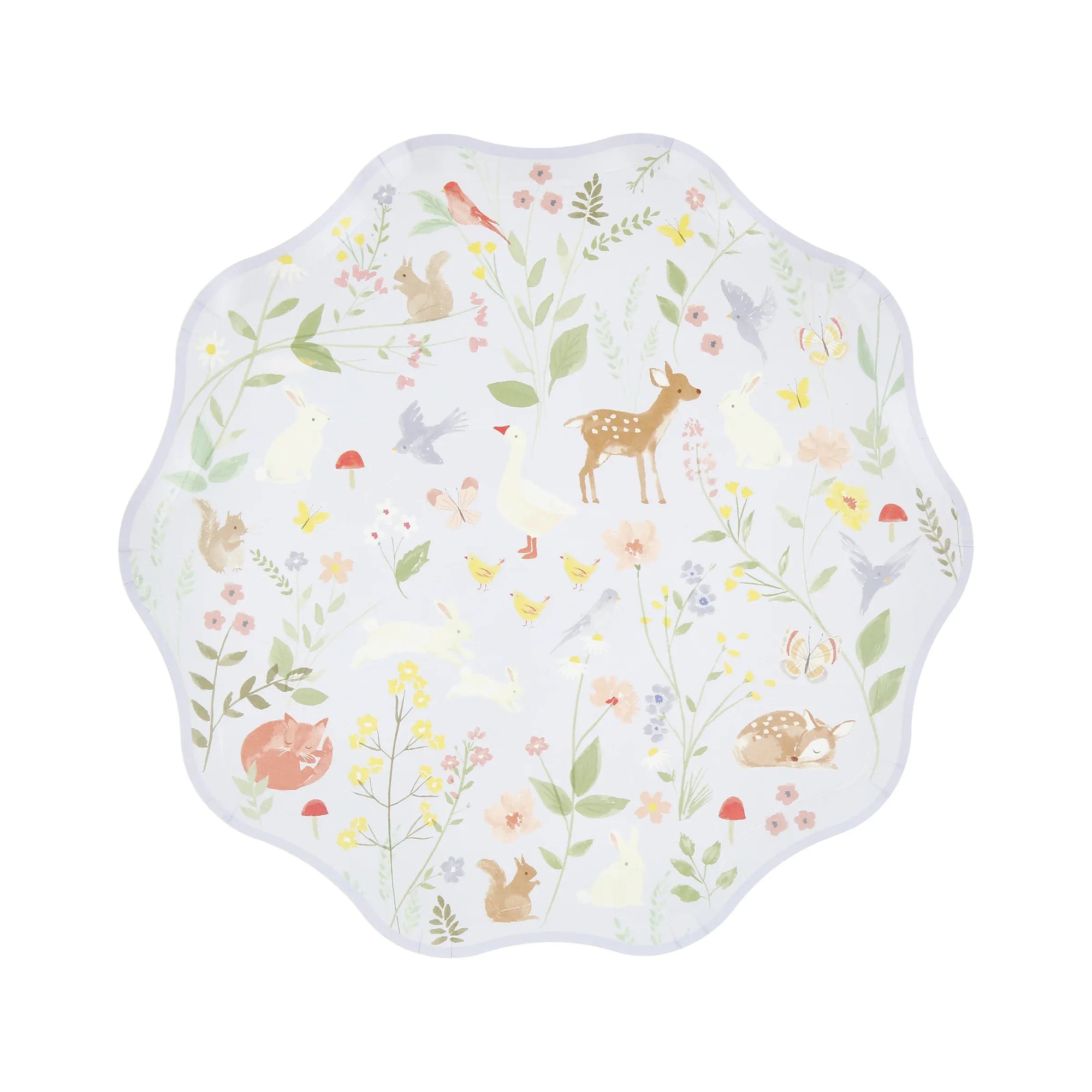 Lavender Meri Meri woodland cake plate with watercolour deer, bunnies, goose and spring flowers