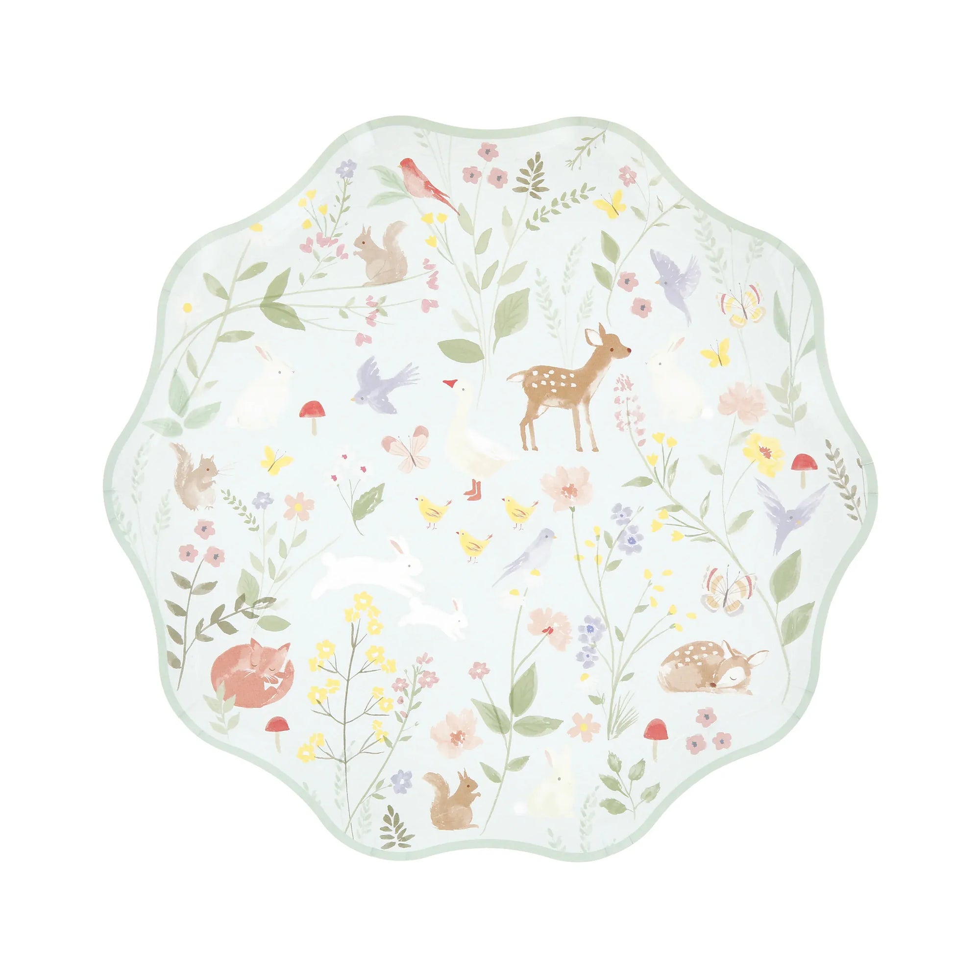 Mint woodland animal cake party plate with watercolour fawn, goose, chicks and wildflower design