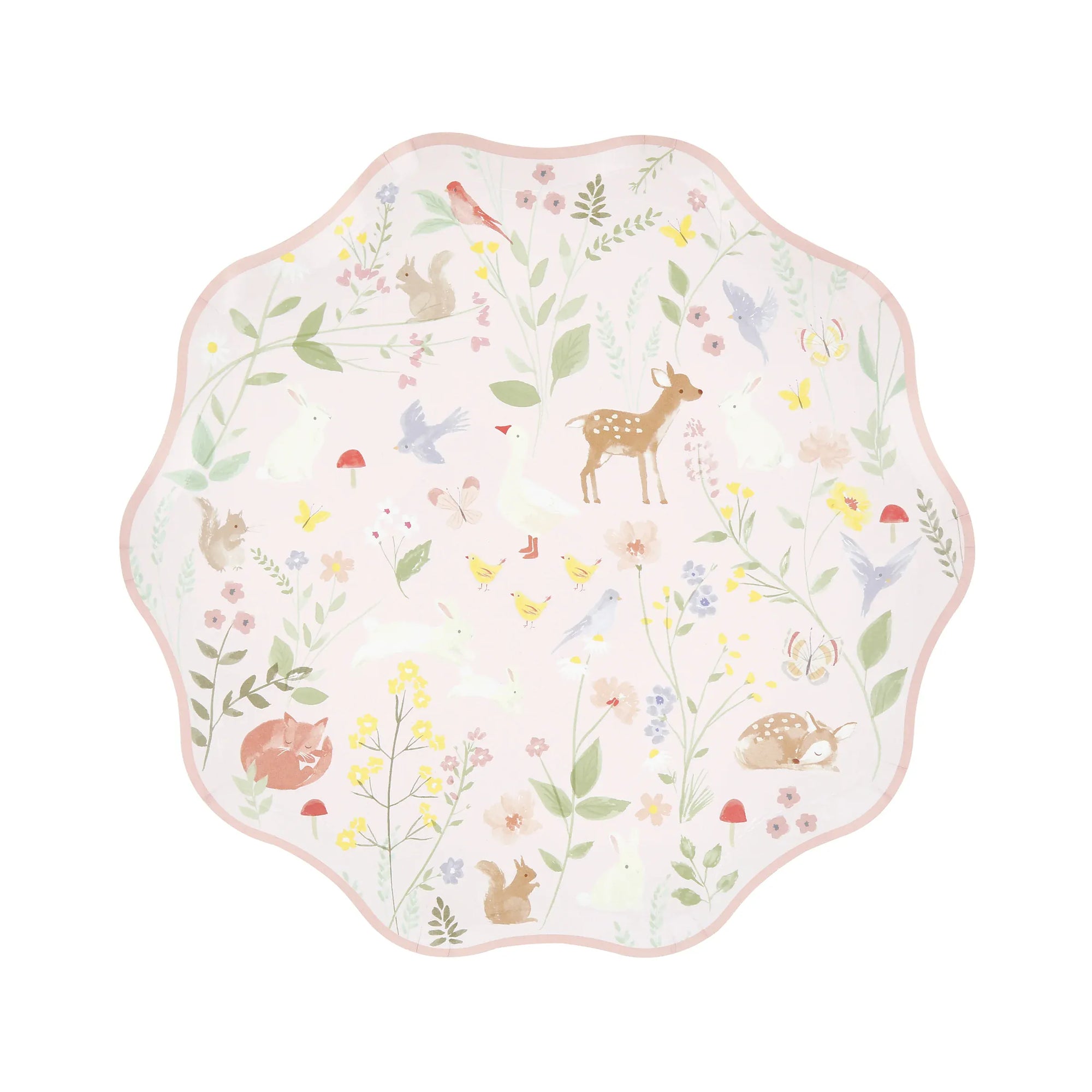 Pink Meri Meri Little Animals cake plate with pastel watercolour woodland animals and waved border