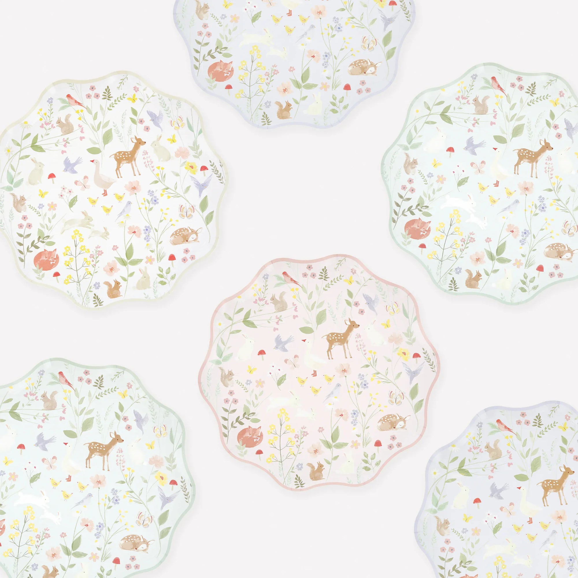 Meri Meri Little Animals cake plates in pink, mint, lavender and cream pastel watercolour woodland prints