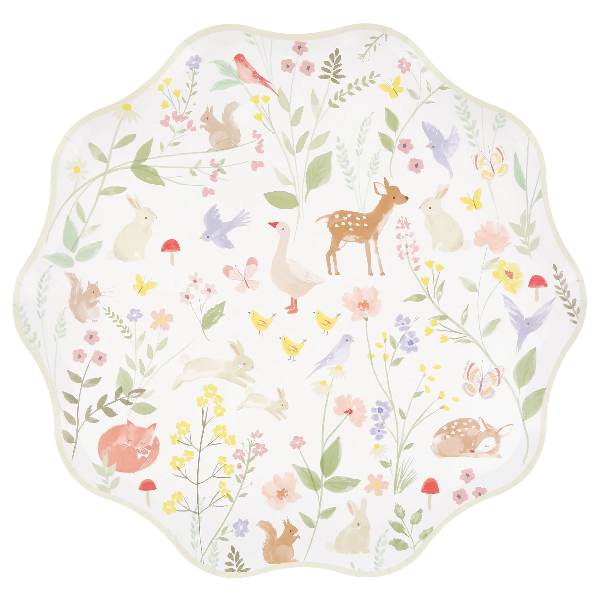 Cream woodland animal dinner plate with watercolour fawn, goose, fox and flower meadow print by Meri Meri.  Decorative plate with a nature-themed design featuring animals and flowers on a white background.