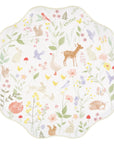 Cream woodland animal dinner plate with watercolour fawn, goose, fox and flower meadow print by Meri Meri.  Decorative plate with a nature-themed design featuring animals and flowers on a white background.
