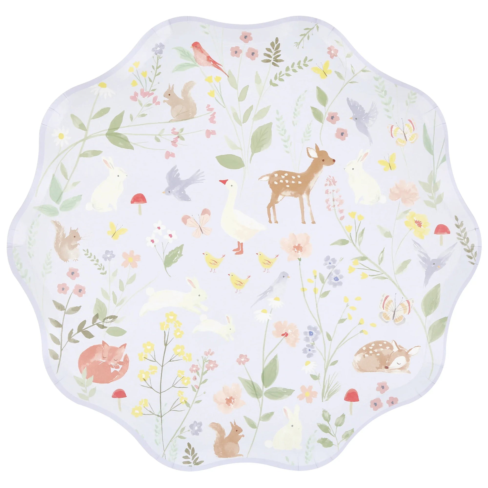 Lavender Meri Meri woodland dinner plate with watercolour deer, bunnies, goose and spring flowers