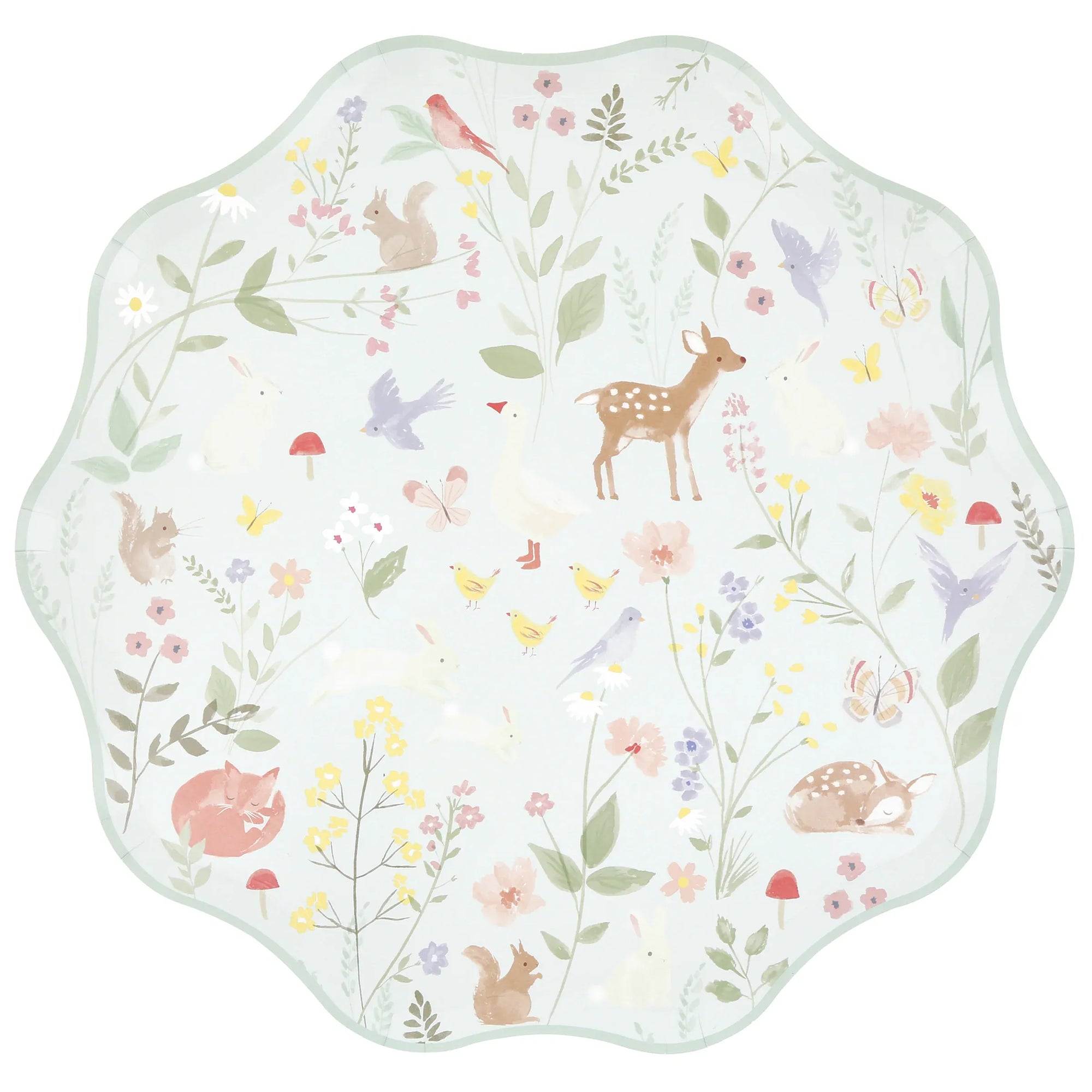 Mint woodland animal dinner party plate with watercolour fawn, goose, chicks and wildflower design
