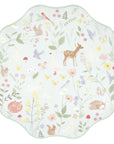 Mint woodland animal dinner party plate with watercolour fawn, goose, chicks and wildflower design