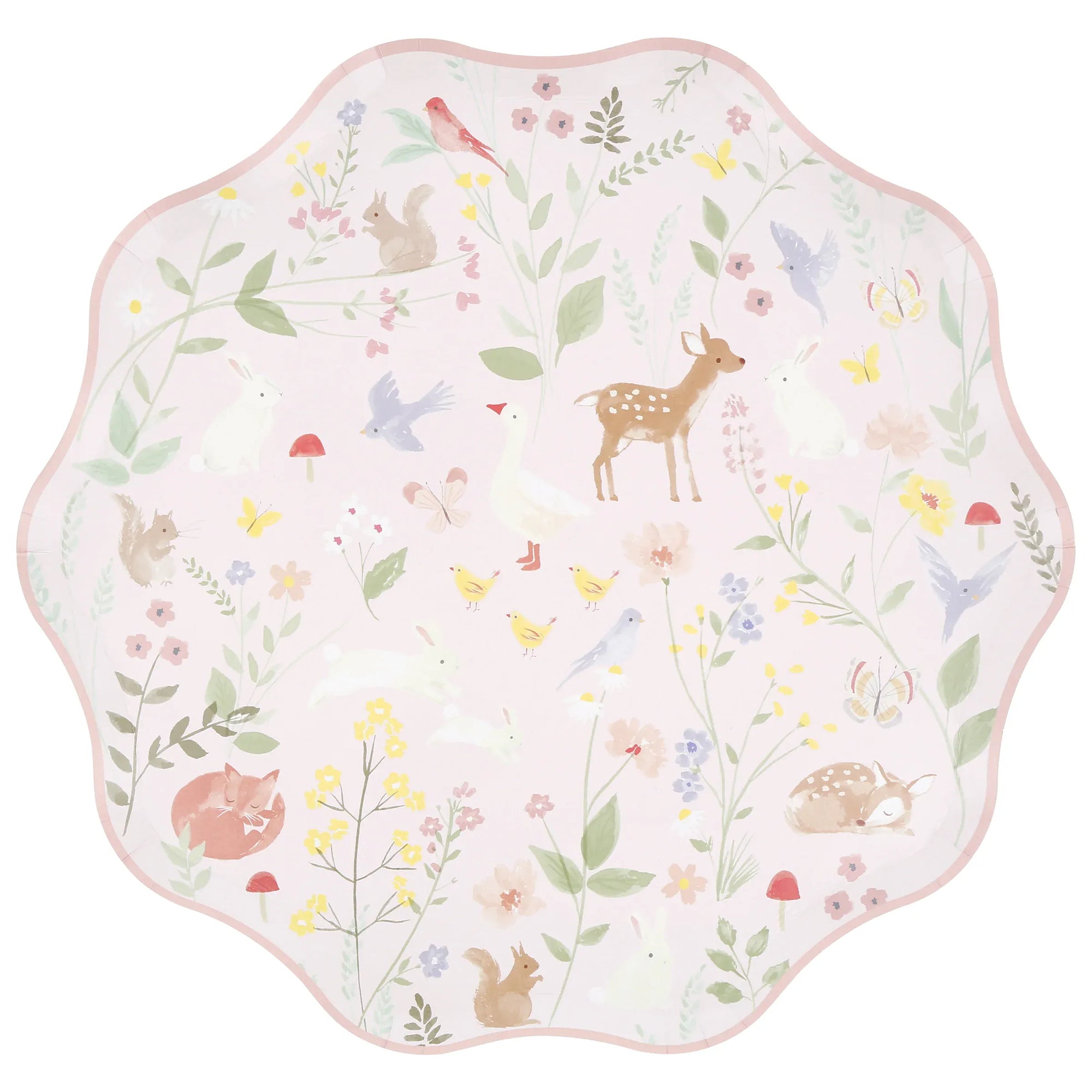 Pink Meri Meri Little Animals dinner plate with pastel watercolour woodland animals and waved border