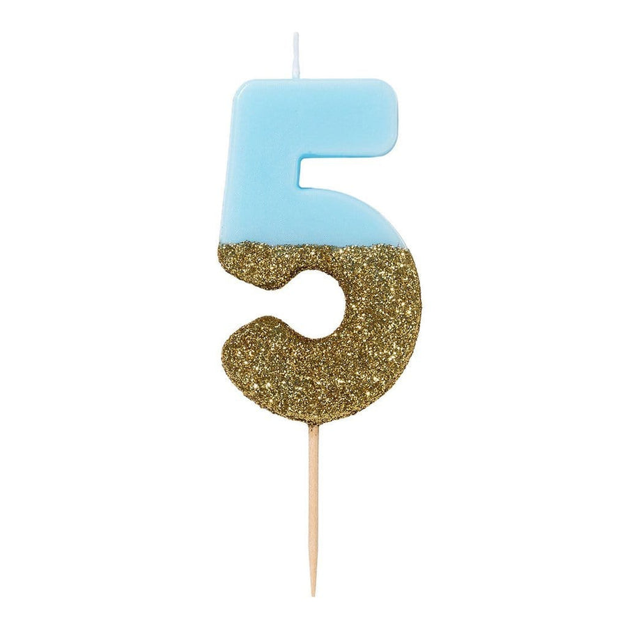 Blue and Gold Glitter Number Candle - 5