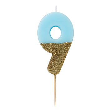Blue and Gold Glitter Number Candle - 9