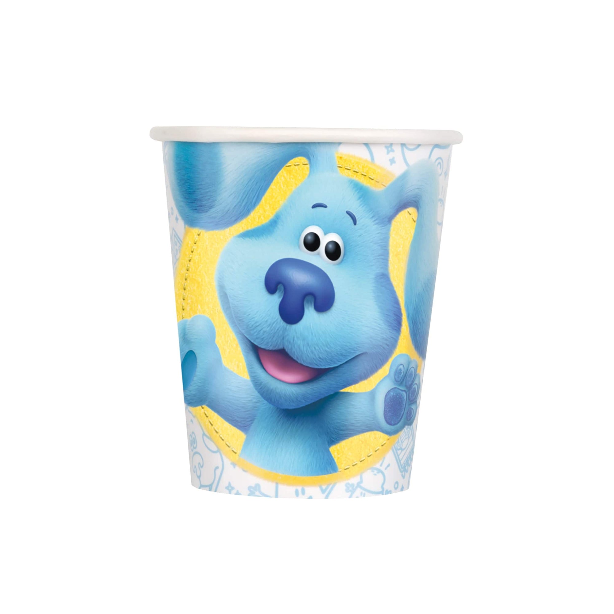 A paper party cup with a design of Blue the puppy from Blue's Clues and You, set against a doodle background.