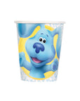 A paper party cup with a design of Blue the puppy from Blue's Clues and You, set against a doodle background.