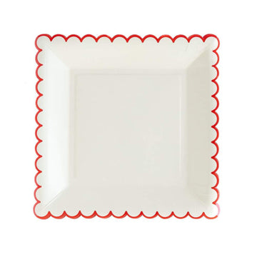 Cream and Red Scalloped Square Plates - Large