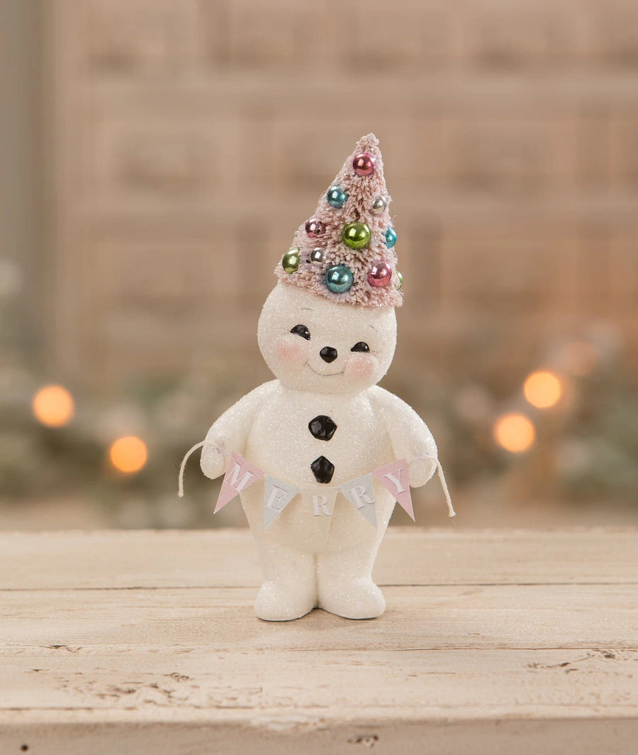 Pastel Tree Hat Snowman With Merry Banner