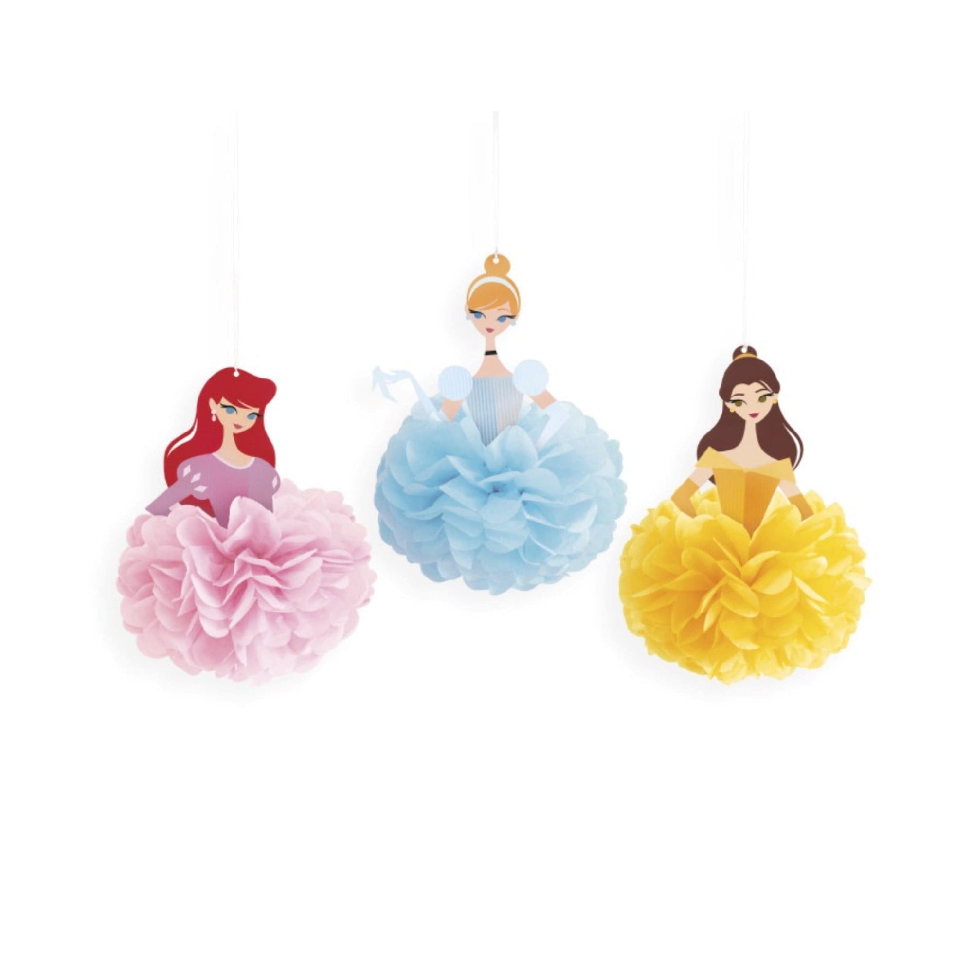 Disney Princess hanging pom pom decorations - Ariel Belle Cinderella tissue paper party decorations for girls birthday parties
