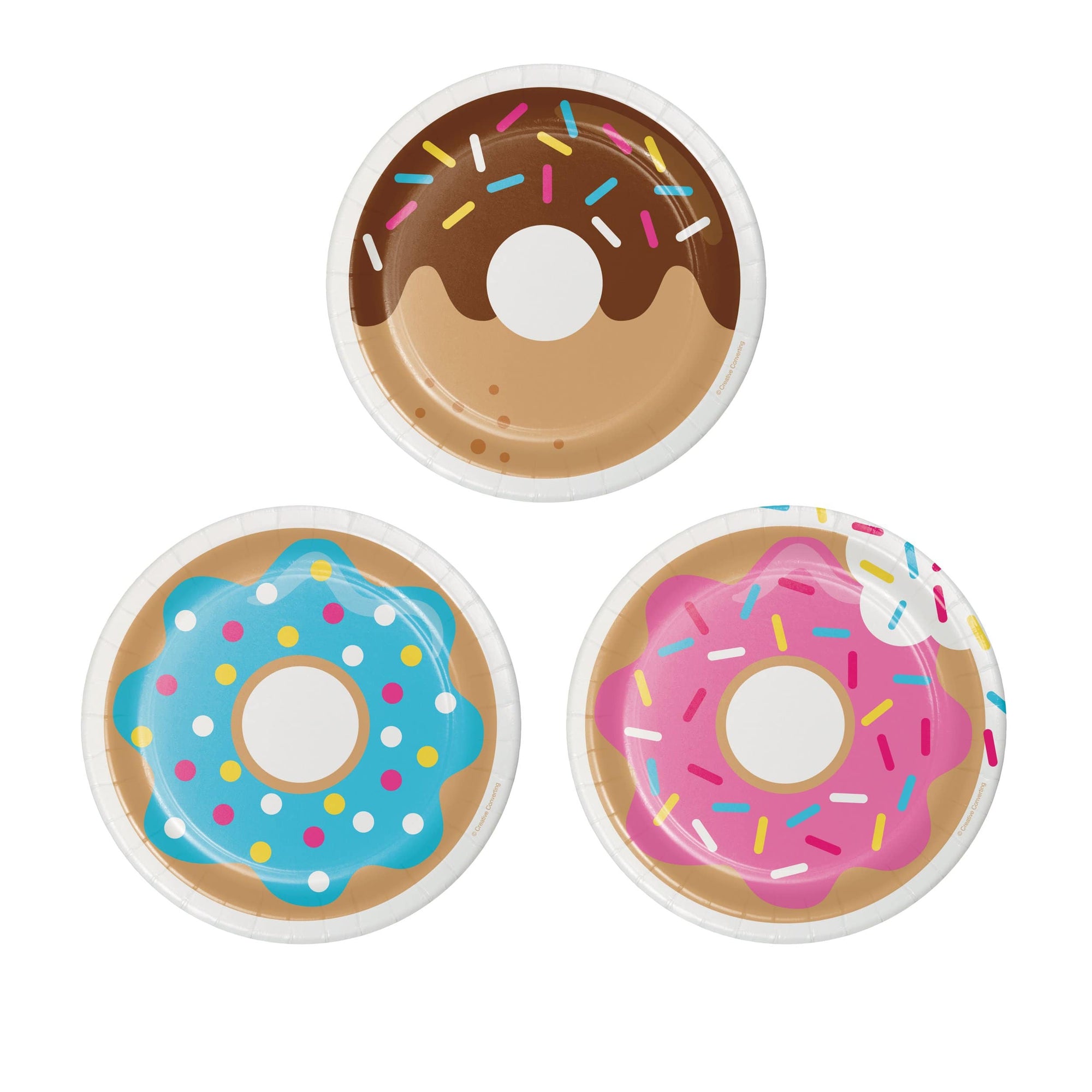 A set of three paper plates with colorful doughnut designs on each.