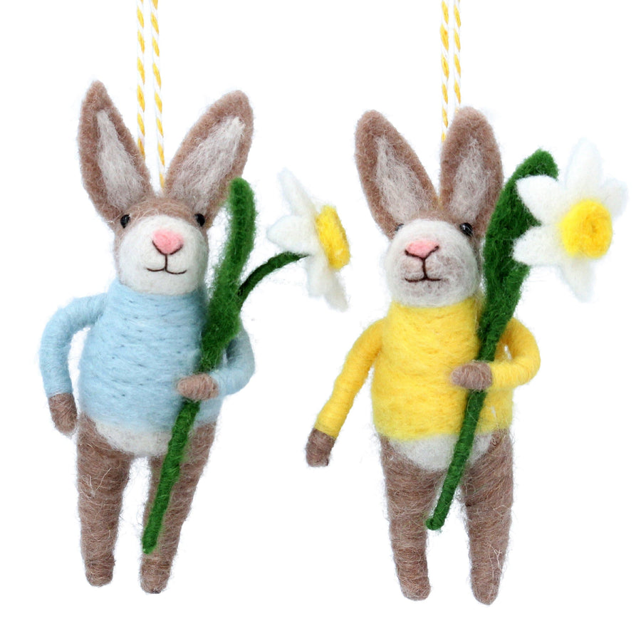Wool Bunnies with Daisy Ornaments Set