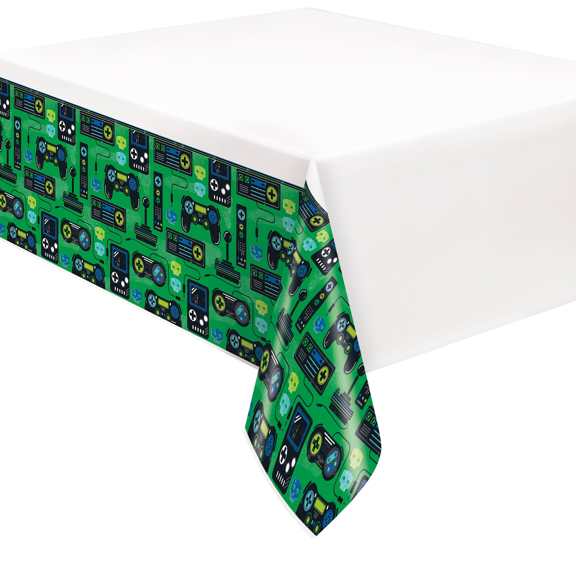 A green and black disposable plastic table cover featuring a pattern of video game controllers on a bright green border, with a white rectangular table in the background.