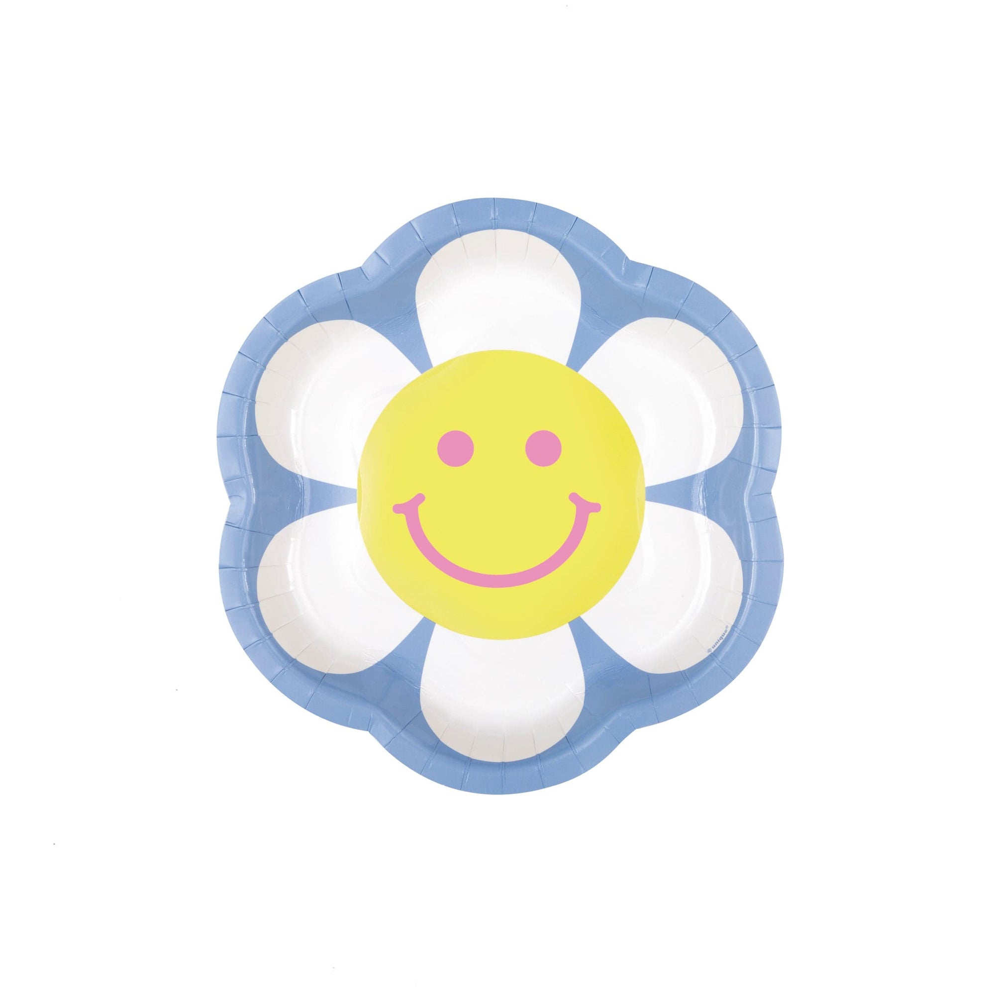 A paper plate with a smiley daisy design, featuring a yellow smiley face in the center, surrounded by a floral pattern with petals.