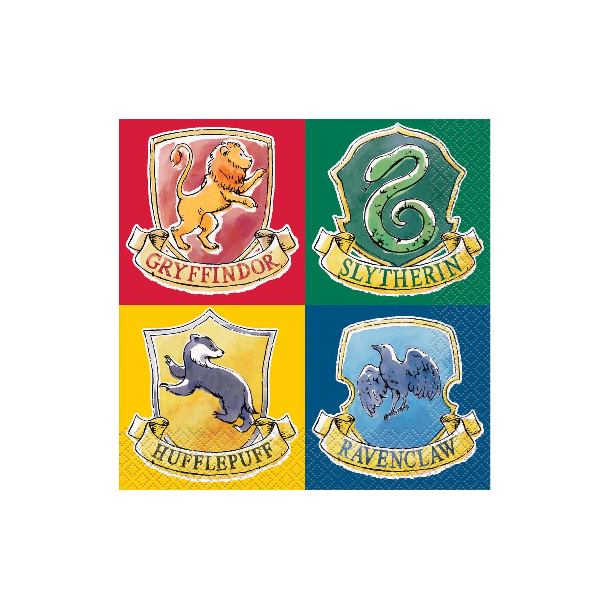 Official Harry Potter Hogwarts house crest napkins set featuring Gryffindor lion, Slytherin serpent, Hufflepuff badger and Ravenclaw eagle designs on coloured backgrounds for Harry Potter themed party supplies