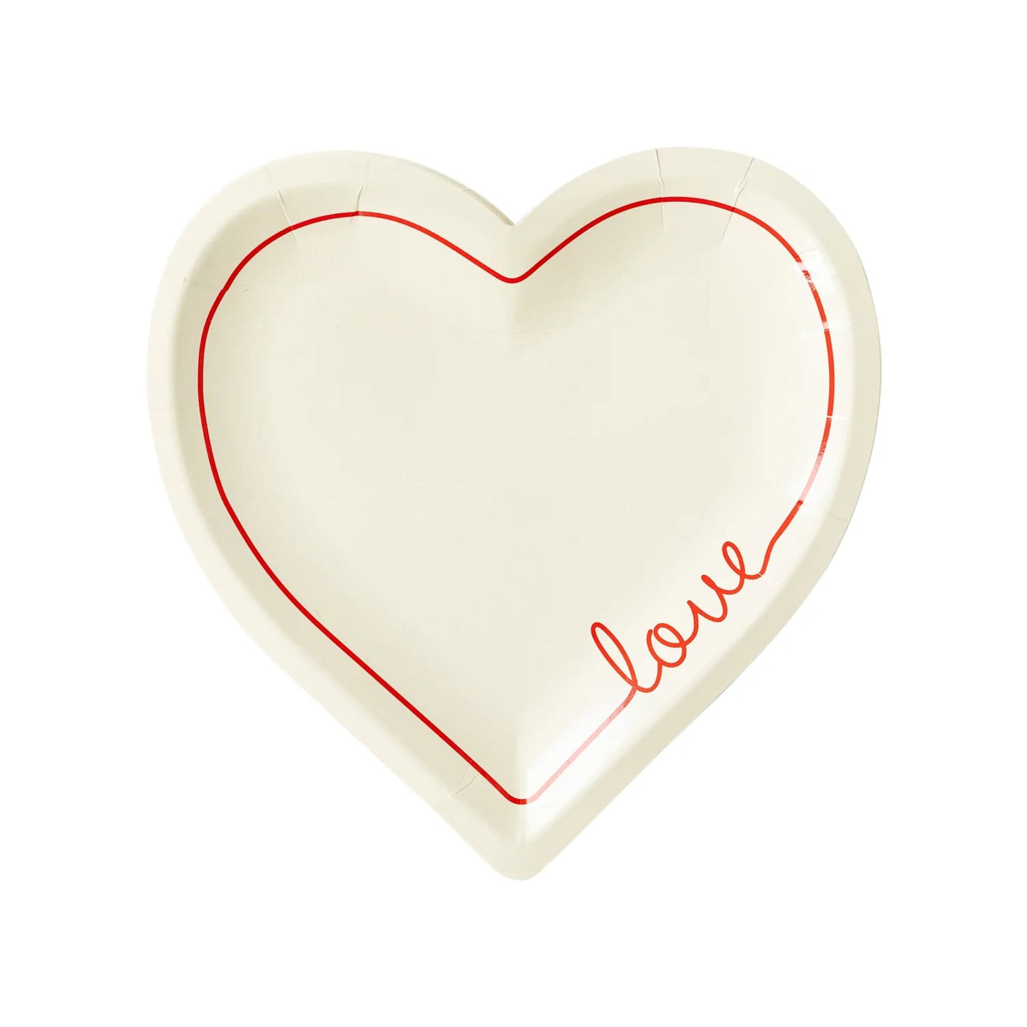 A white paper plate with a red cursive heart shape and the word 'love' underneath it.