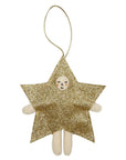 A Meri Meri gold glittering star-shaped ornament with a cotton body and a silver cord, featuring a stitched face.