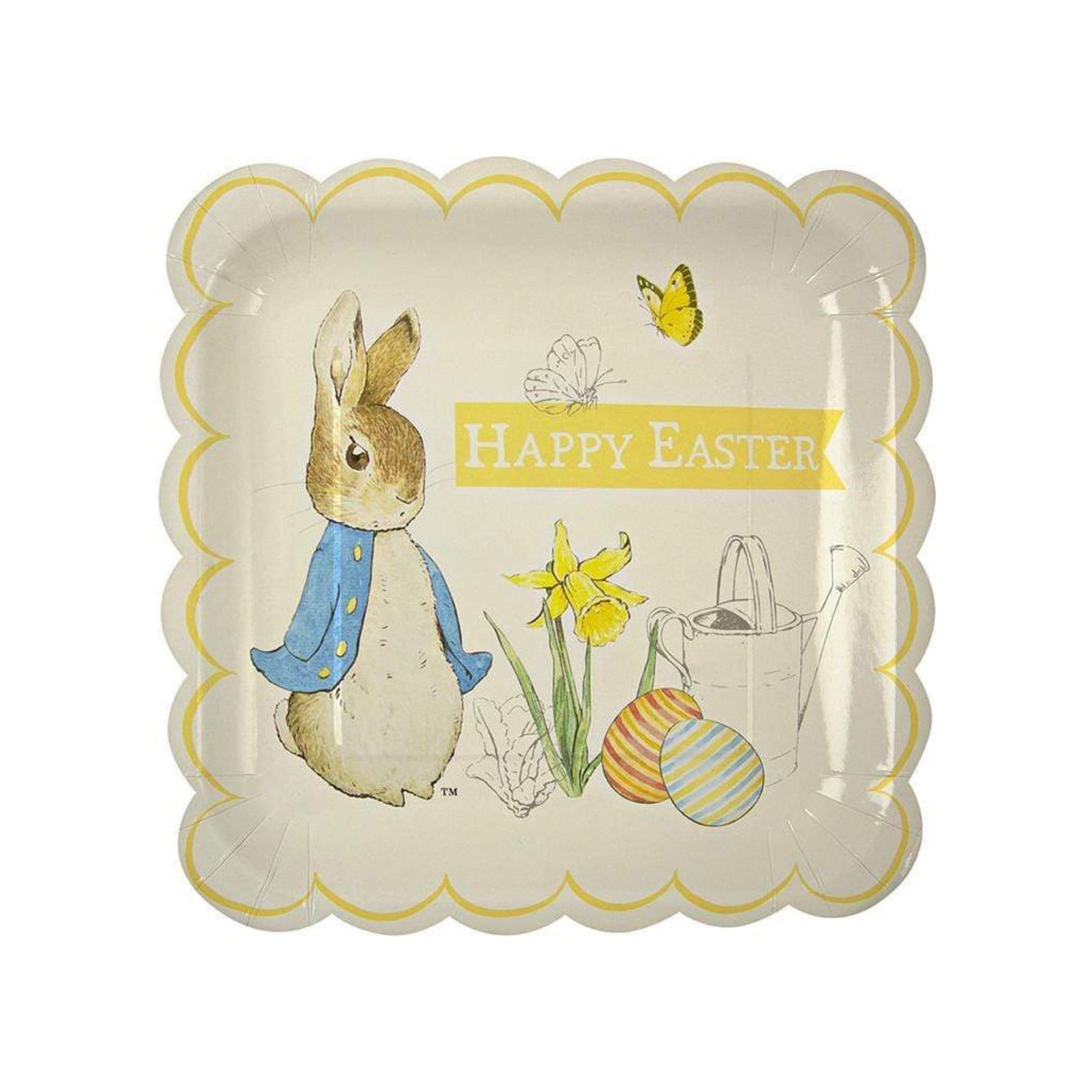 A paper plate with a scalloped edge featuring an illustration of Peter Rabbit and the text 'Happy Easter'.