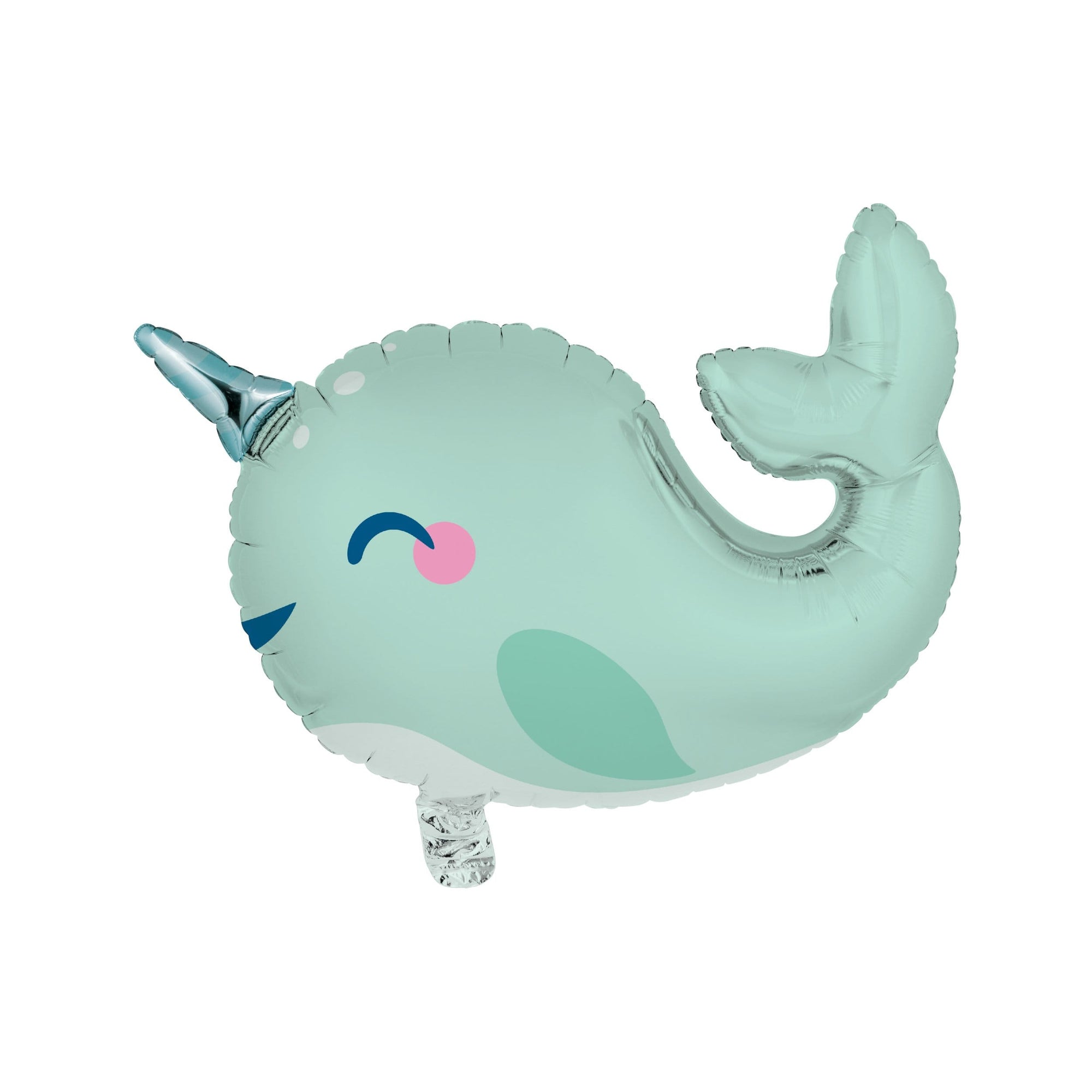 A mylar balloon in the shape of a narwhal with a predominantly light blue body and a pink and light blue horn.