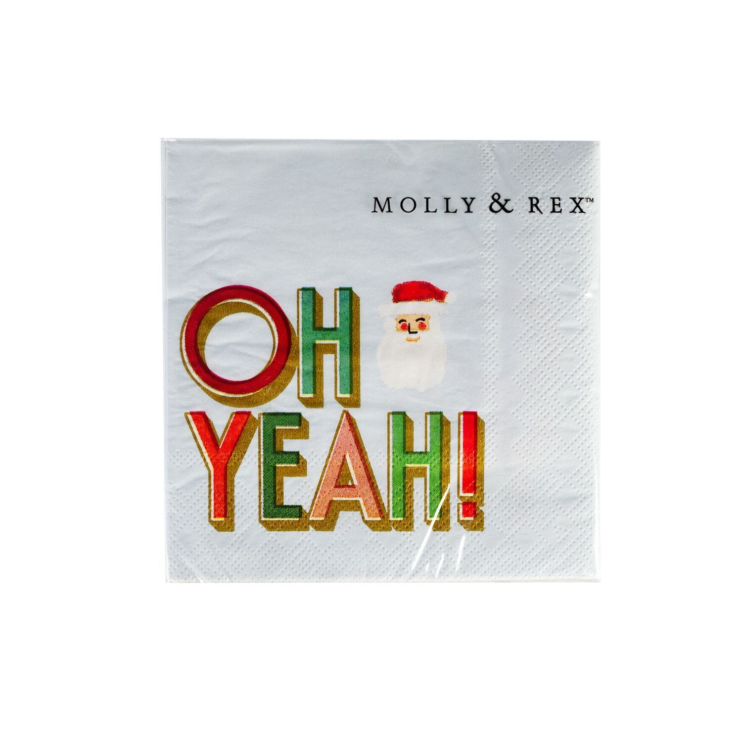 Pack of white paper napkins with 'Oh Yeah' text in multicolored neon print, decorated with a Santa Claus figure
