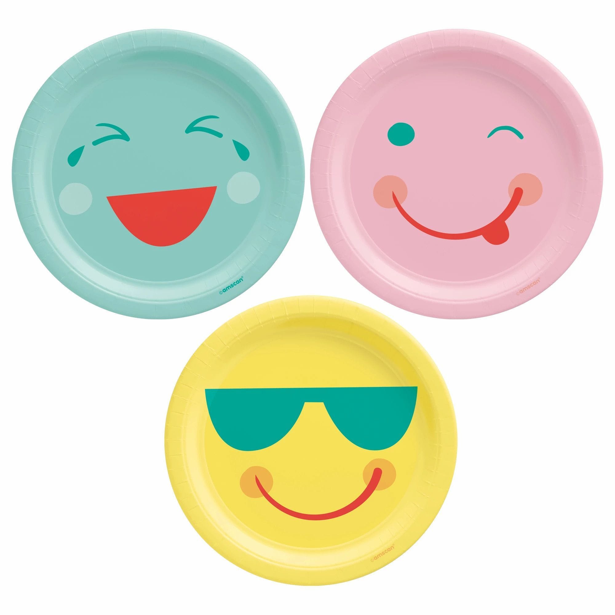 A set of three paper plates with pastel colours and emoji faces drawn on them. One plate is light blue with a smiling emoji, another is pink with a winking emoji, and the third is yellow with a emoji wearing sunglasses.