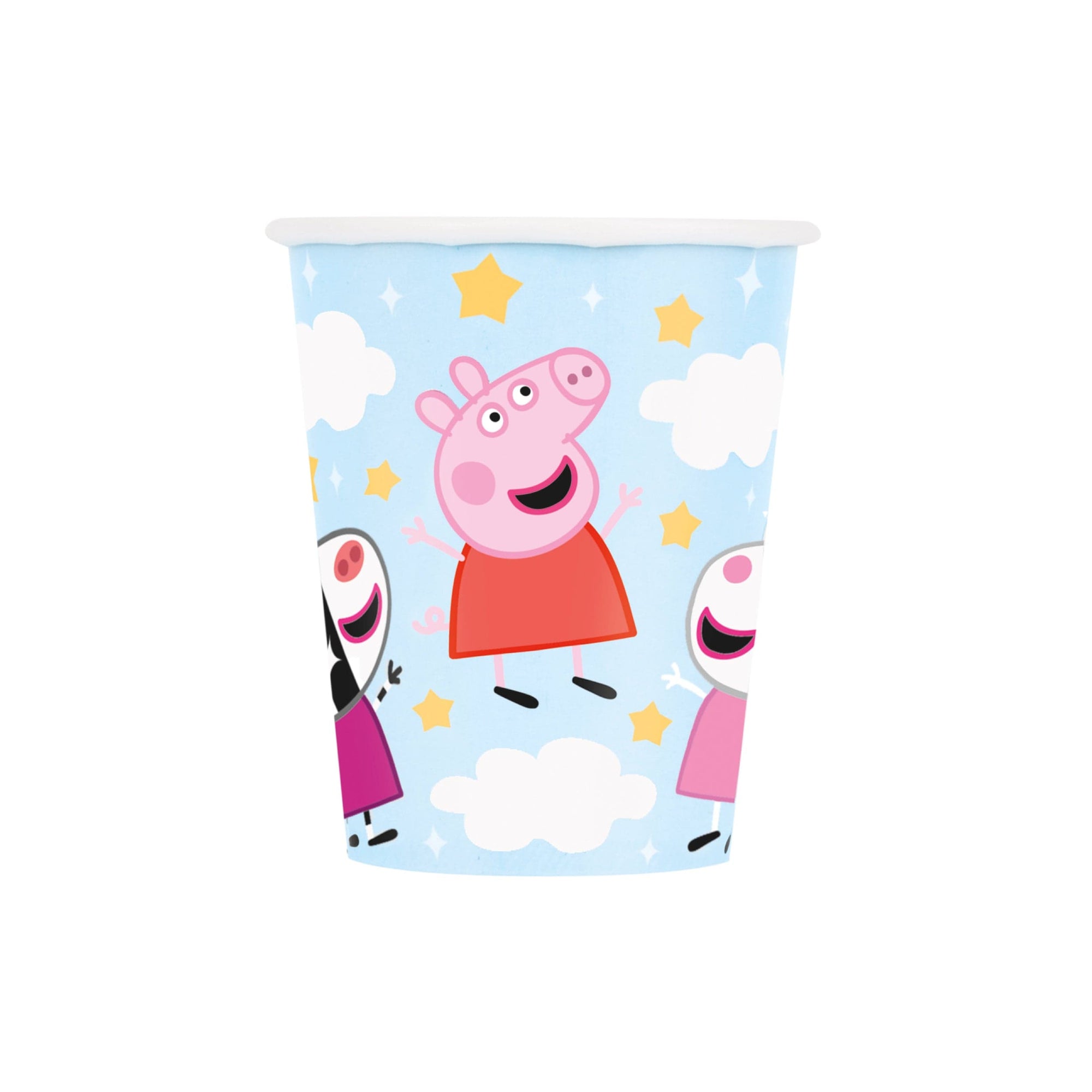 A paper party cup with Peppa Pig and her friends illustrated on it, with a predominantly blue background featuring stars and clouds.