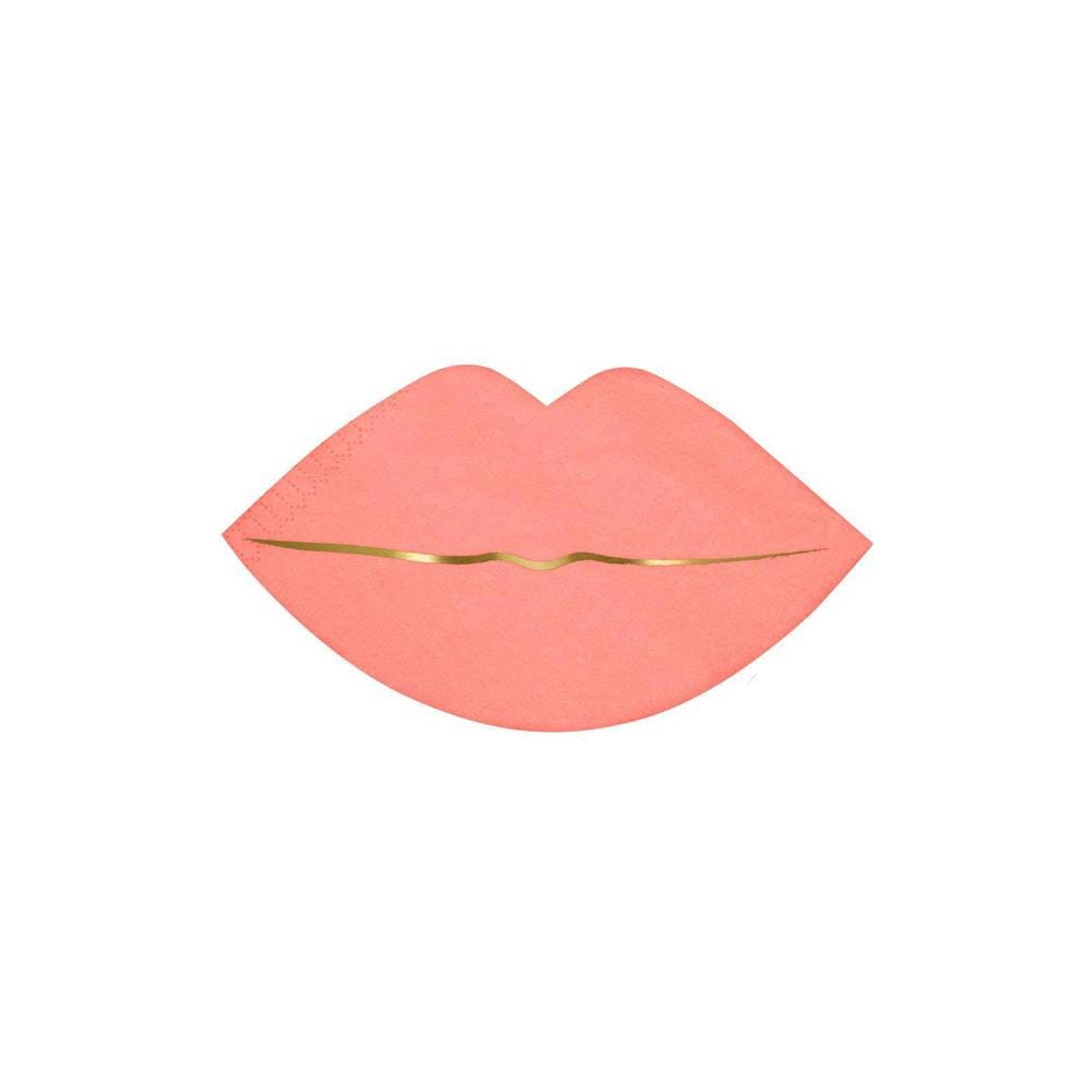 A pink lip-shaped napkin with gold foil details on the edge.