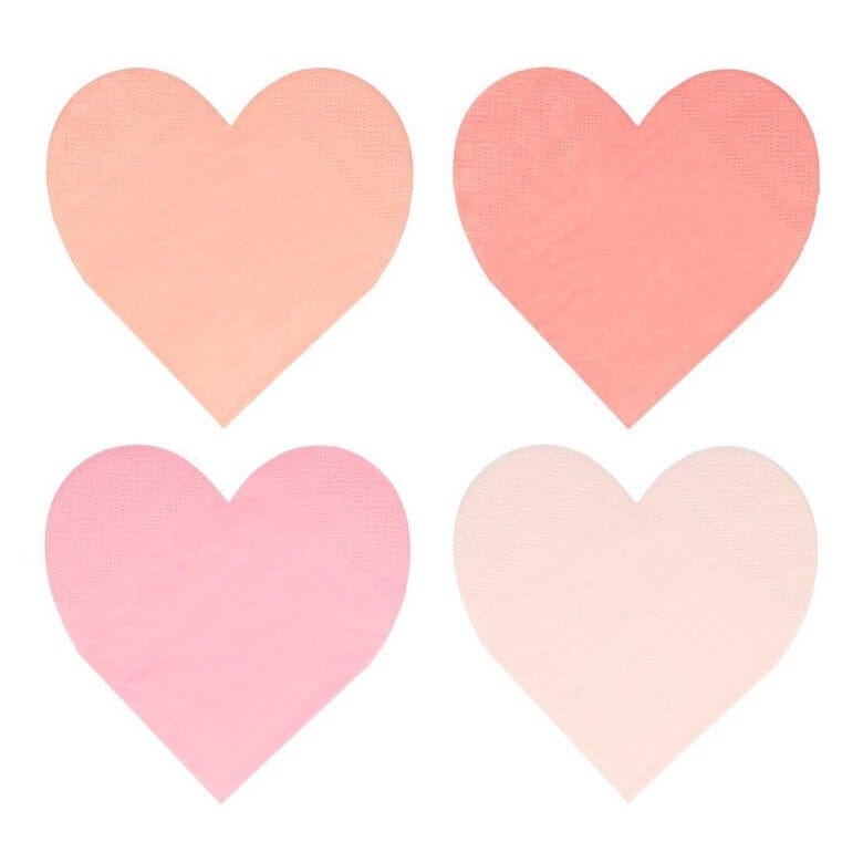A set of 20 Meri Meri pink heart-shaped paper napkins in 4 varying shades of pink, from light to dark, with a die cut design