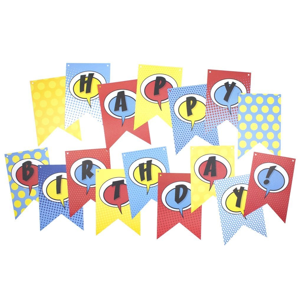 A assortment of colorful birthday banners with the words 'HAPPY BIRTHDAY!' in comic book style lettering, attached to a string.